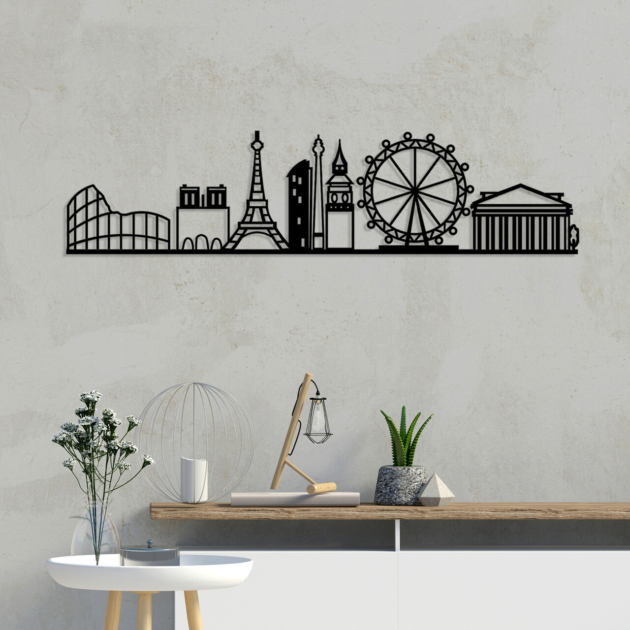 Decoratiune de perete, European Cities Skyline, Dimensiune: 120 x 29 cm, Negru - imagine 7